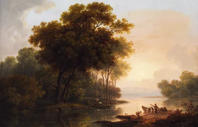 かすんでいる遅い光の中で湖の岸の景色を望む木の風景